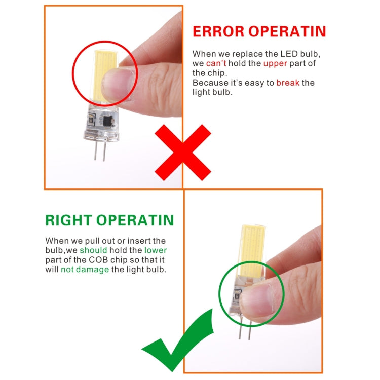 G4 COB LED corn bulb with two pins, showing correct insertion into socket