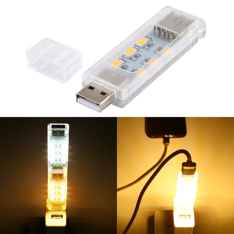 12-LED double-sided USB light in clear case, shown with white and warm white glows