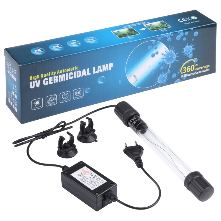 UV germicidal lamp kit with clear tube, EU adapter, suction mounts, and power cord
