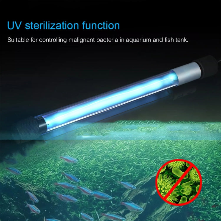UV germicidal lamp with blue-lit tube and black housing