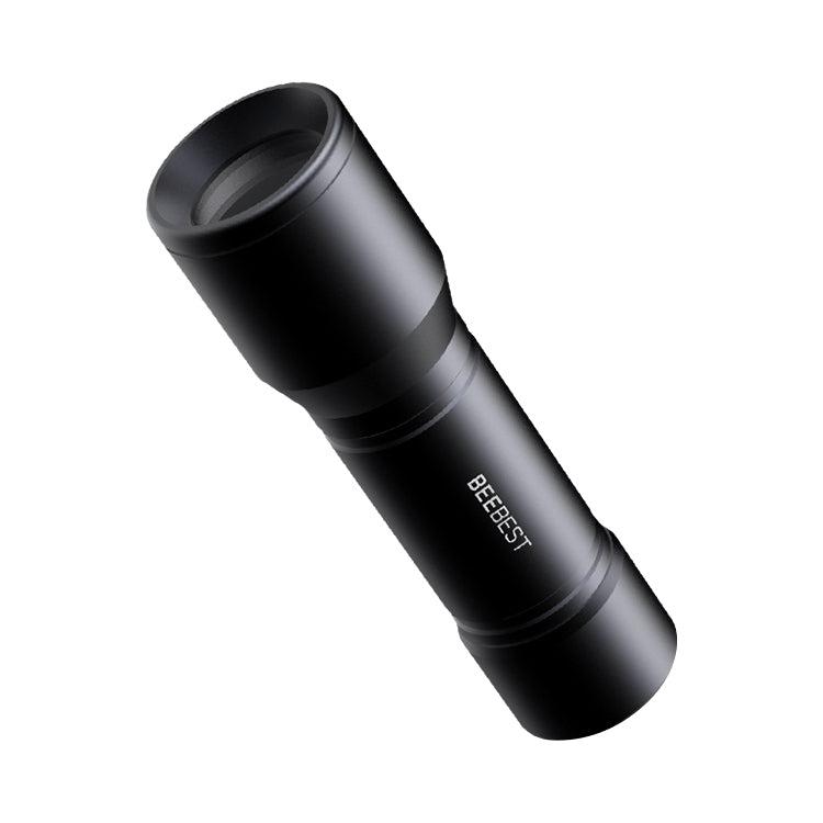 Black cylindrical portable flashlight with grip rings and BEEBEST logo on barrel