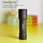 Compact black flashlight with two-section body and BEEBEST logo, standing upright