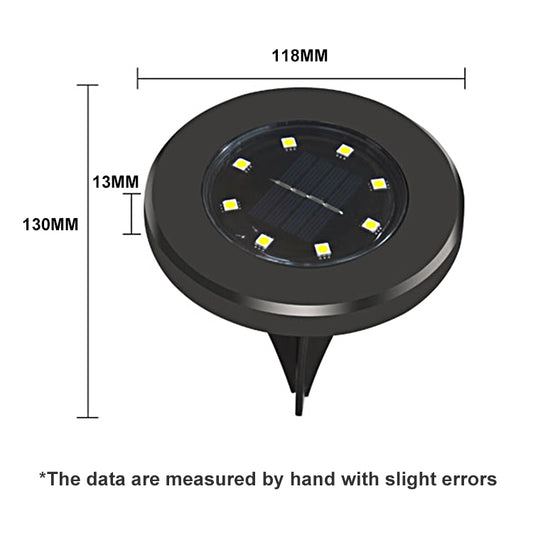 Solar LED ground stake light with 8 white LEDs; 118mm cap, 130mm height