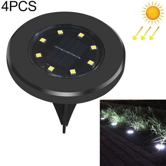 4-pack solar LED ground stake lights, black round cap with 8 white LEDs