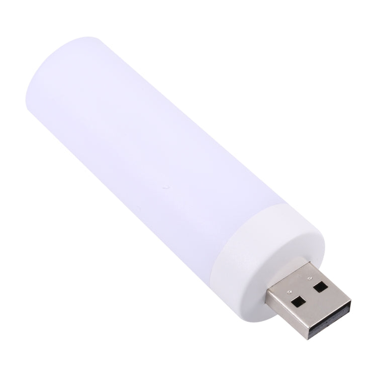 USB LED flameless candle night light with white cylindrical body and USB plug