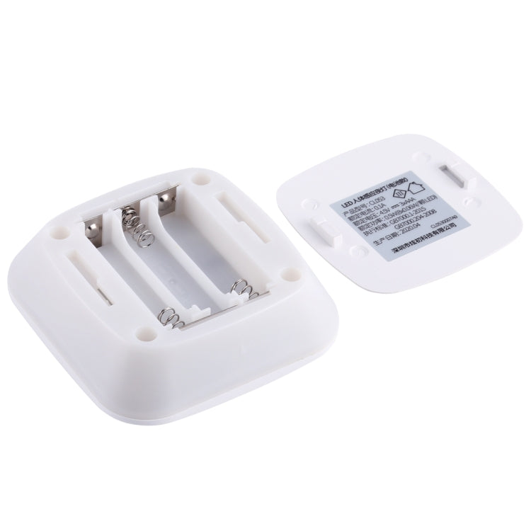 White LED sensor light battery compartment with springs and insert label