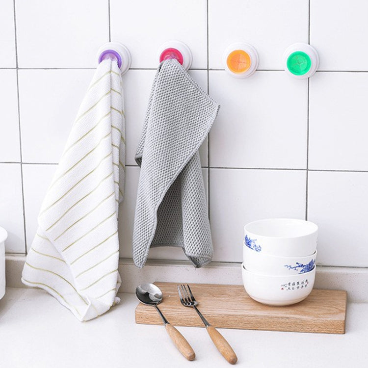 Self-adhesive towel hook set holding towels: purple, red, orange, and green inserts