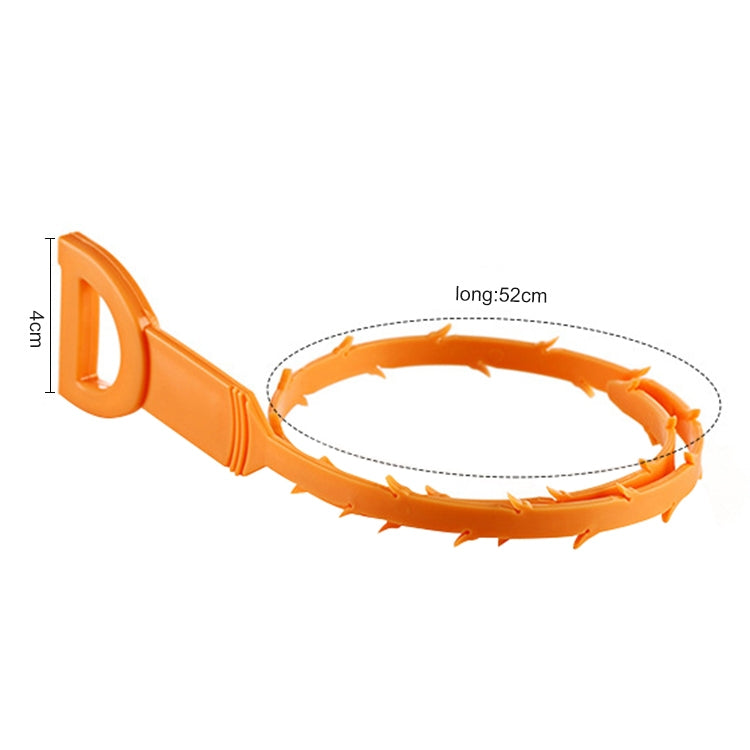 Orange drain hair cleaner tool with looped snagging head, 52cm length