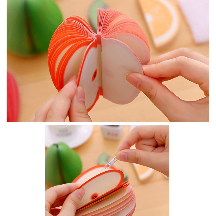 Peaches and stacked fruit note stickers with hands lifting a striped orange note