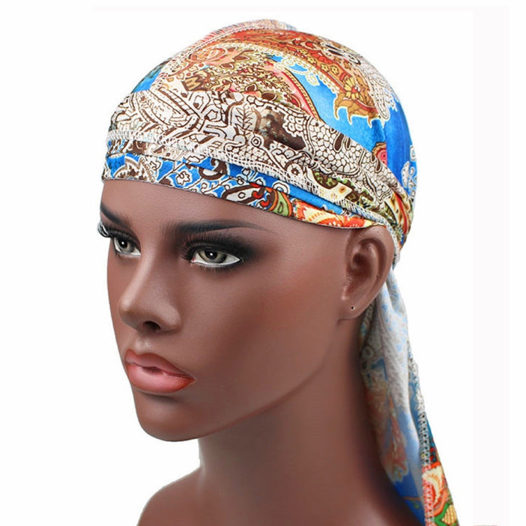 Printed headscarf cap with long tie drape, multicolor pattern, stretchy fit