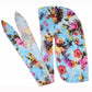 Printed headscarf cap ties, blue base with floral bouquet pattern, elastic stretch