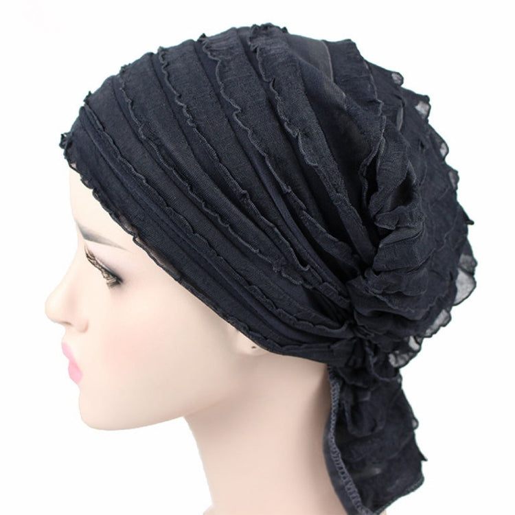 Dark navy chiffon fold turban cap with stacked ridges and side drape