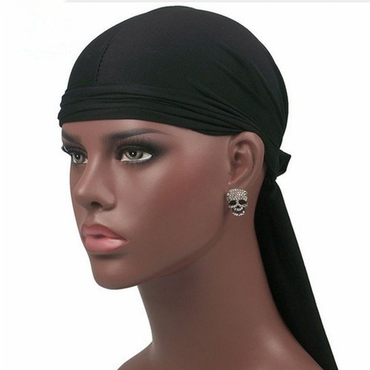 Men's long-tailed headscarf in black, ruched elastic band and face-covering drape.