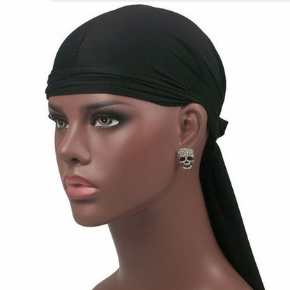 Men's long-tailed headscarf in black, ruched elastic band and face-covering drape.