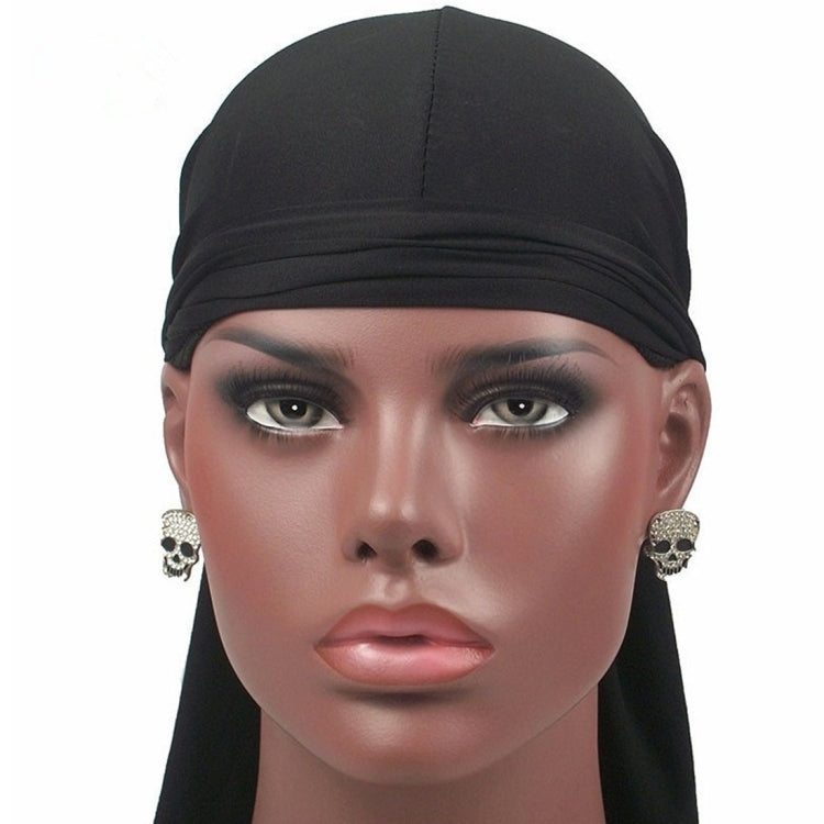 Men's long-tailed headscarf in black, fitted elastic band with extended side drape.