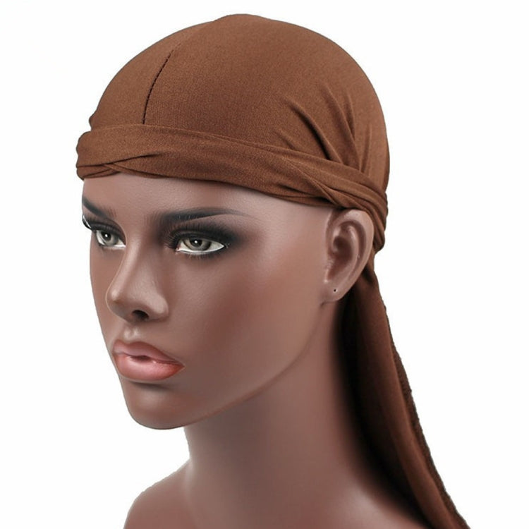 Men's long-tailed headscarf in coffee brown, ruched elastic band with long tail.