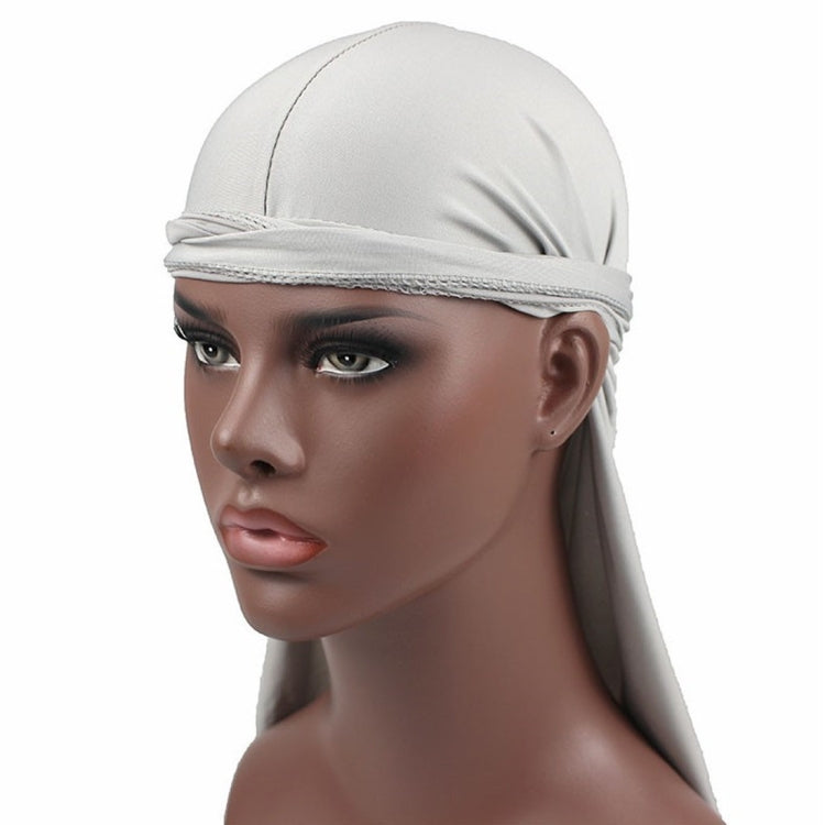Men's long-tailed headscarf in white, fitted elastic band with extended side tail.