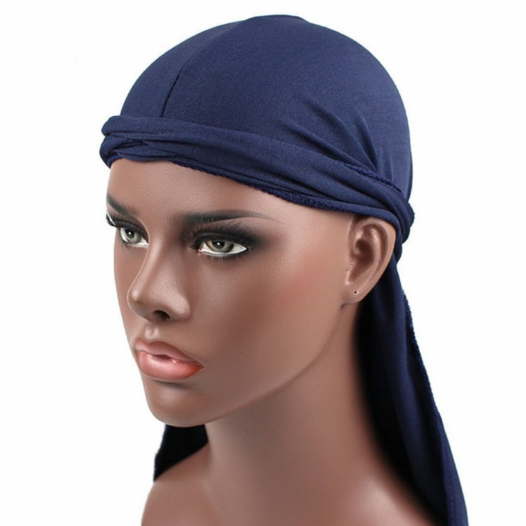 Men's long-tailed headscarf in navy blue, ruched elastic band and long side drape.