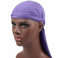 Men's long-tailed headscarf in purple, fitted elastic band with extended side tail.