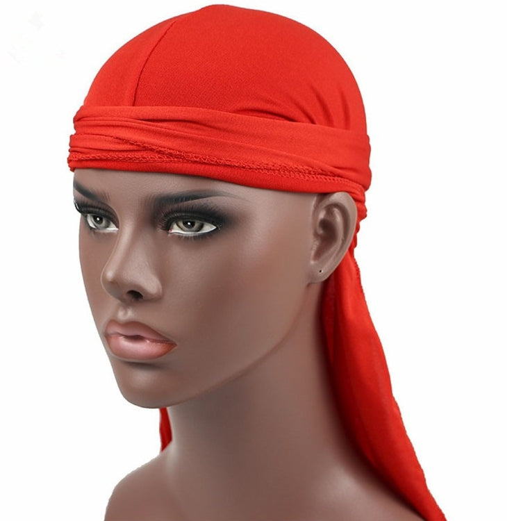 Men's long-tailed headscarf in red, ruched elastic band with long back tail.