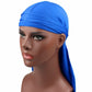 Men's long-tailed headscarf in sapphire blue, fitted elastic band with extended side drape.