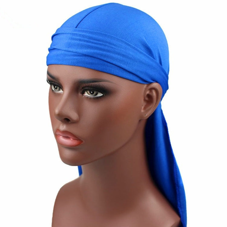Men's long-tailed headscarf in sapphire blue, fitted elastic band with extended side drape.