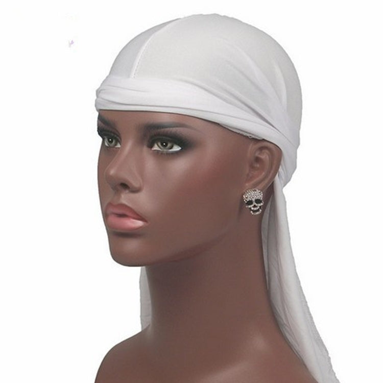 Men's long-tailed headscarf in white, fitted elastic band with long side tail.