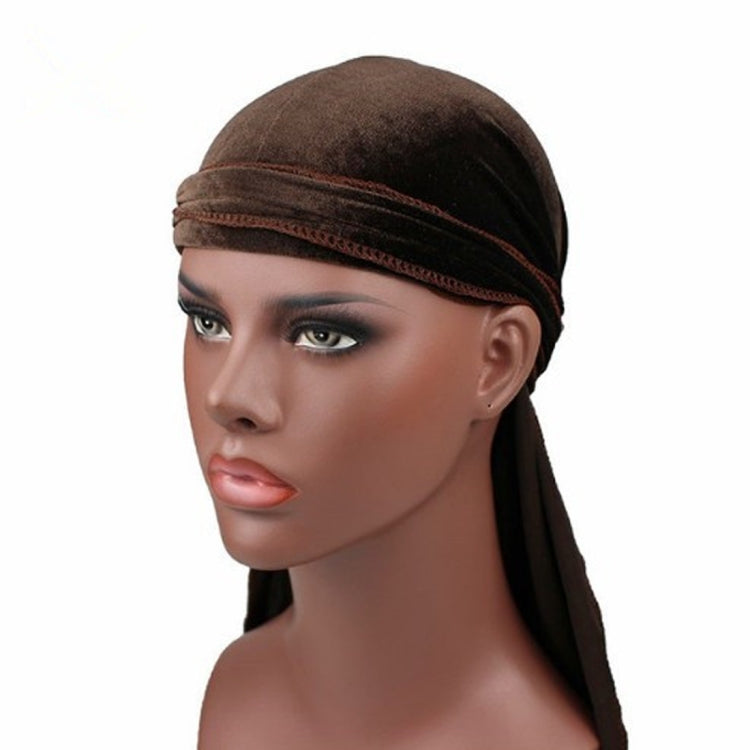 Dark brown velvet turban cap with wrap band and long trailing tail