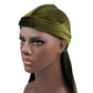 Olive green velvet turban cap with wrapped band and long trailing tail