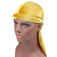 Yellow velvet turban cap with front band wrap and long side tie tail