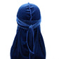 Blue velvet long-tailed pirate hat with gathered wrap and front knot detail