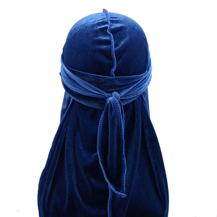Blue velvet long-tailed pirate hat with gathered wrap and front knot detail