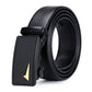 Men's black leather belt rolled up with automatic buckle and gold arrow inlay