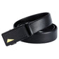 Men's black leather belt with rectangular automatic buckle and gold arrow inlay