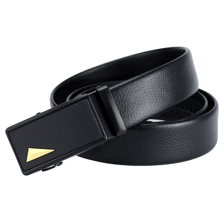 Men's black leather belt with rectangular automatic buckle and gold arrow inlay