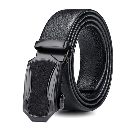 Black leather automatic double-edge belt with textured metal buckle, coiled view