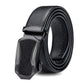 Black leather automatic belt with gunmetal buckle, side angle close-up