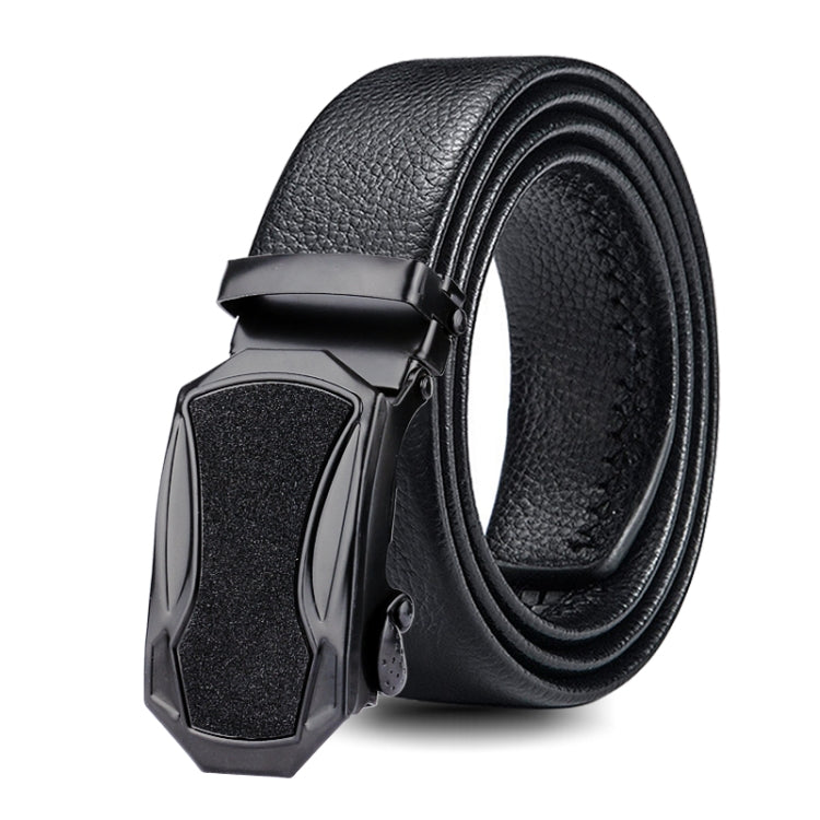 Black leather automatic belt with gunmetal buckle, side angle close-up