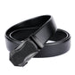 Black leather belt with automatic buckle and smooth strap end, close-up