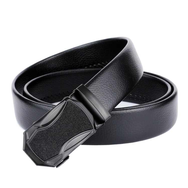 Black leather belt with automatic buckle and smooth strap end, close-up