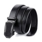 Black leather automatic belt with buckle and stacked strap edges, angled view