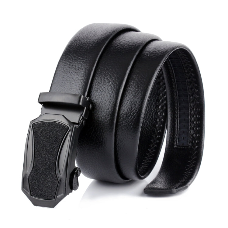 Black leather automatic belt with buckle and stacked strap edges, angled view