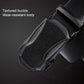 Black textured metal buckle on black leather belt, wear-resistant body detail