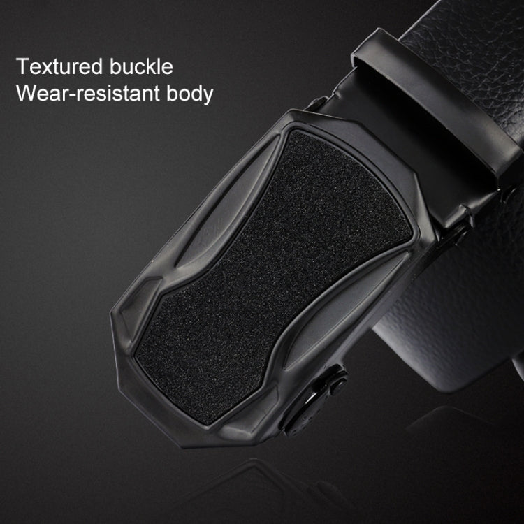 Black textured metal buckle on black leather belt, wear-resistant body detail