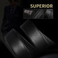 Black leather belt with pebbled texture and double wrap straps, three-piece view