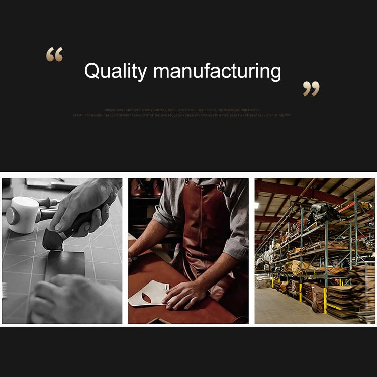 Black leather belt production montage with workshop scenes and quality quote