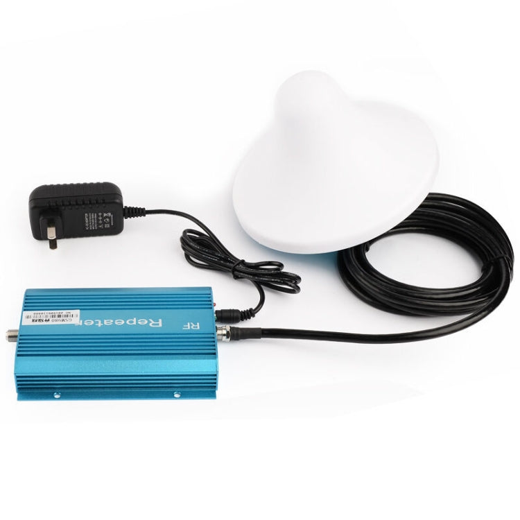 Cell phone signal repeater booster kit with blue RF unit, white dome antenna, power and cables