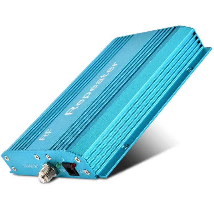 RF repeater booster unit with blue ribbed housing and coax antenna port