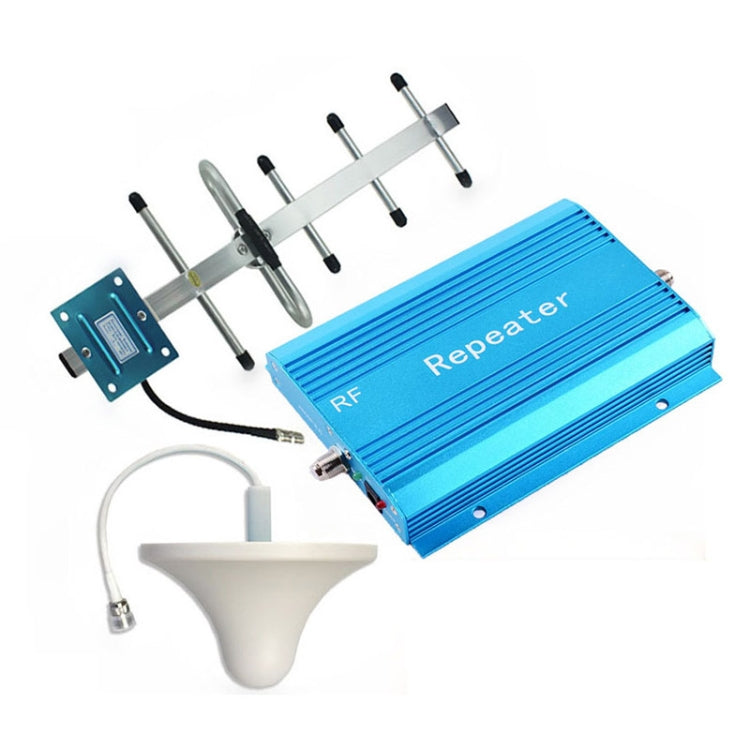 Cell phone repeater kit with outdoor Yagi antenna, indoor dome antenna, and blue amplifier unit