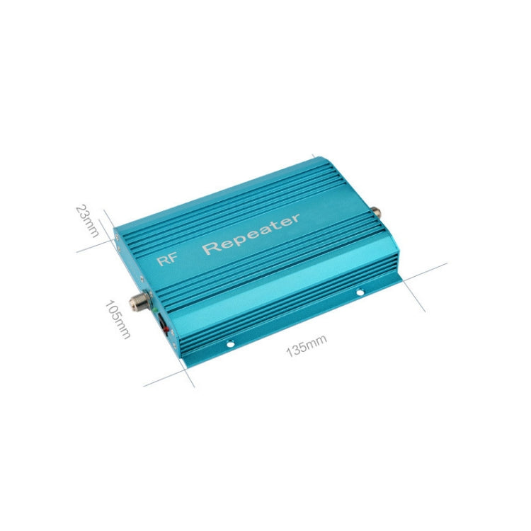 Blue RF repeater amplifier unit with side coax connector and mounting holes
